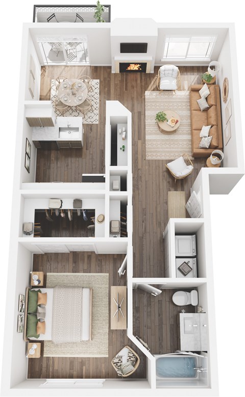A top-down view of a small apartment with a living room, kitchen, and bathroom.